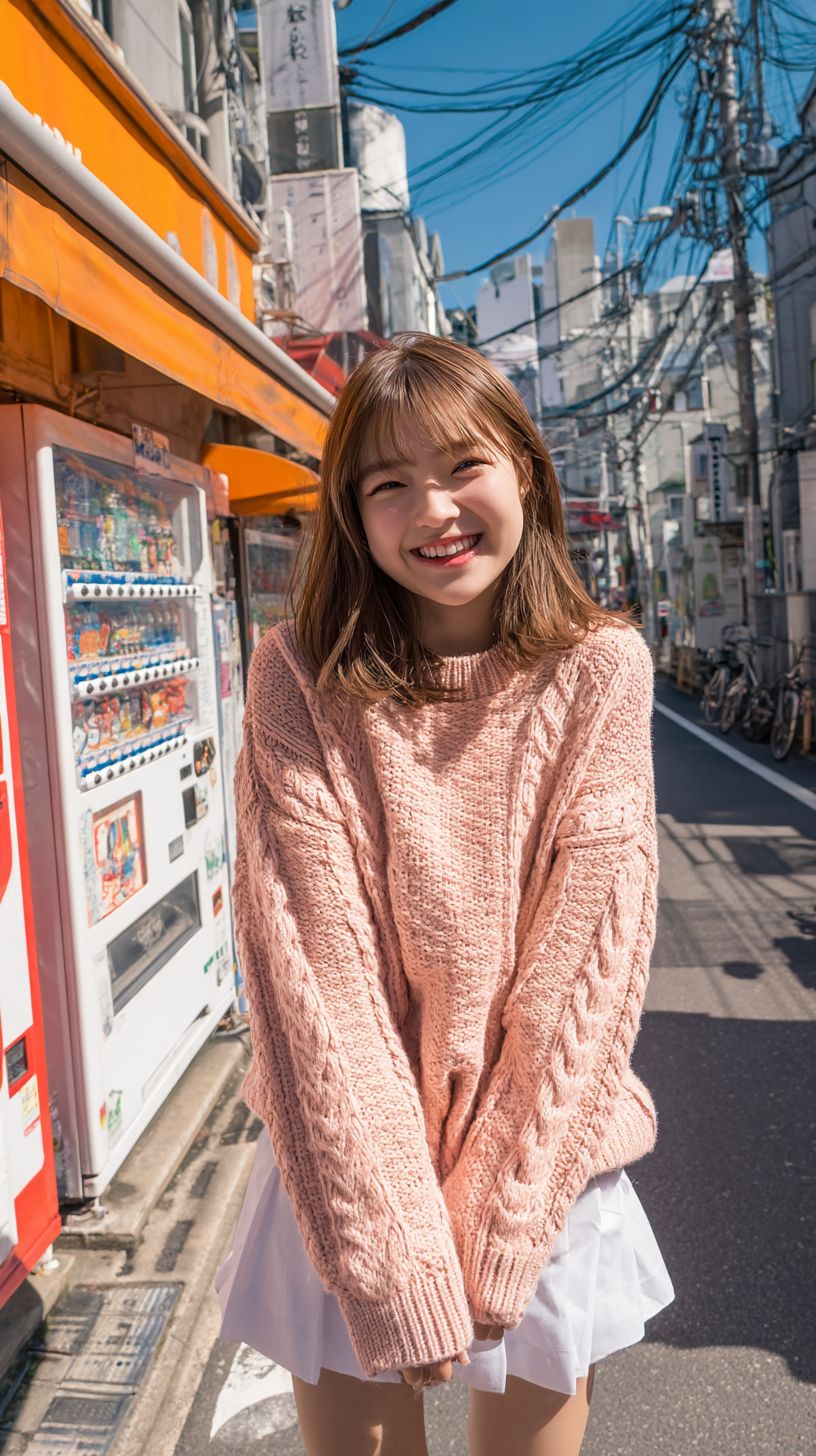 Une femme japonaise de 20 ans dans une ruelle de Tokyo portant un pull en tricot et une jupe de tennis blanche