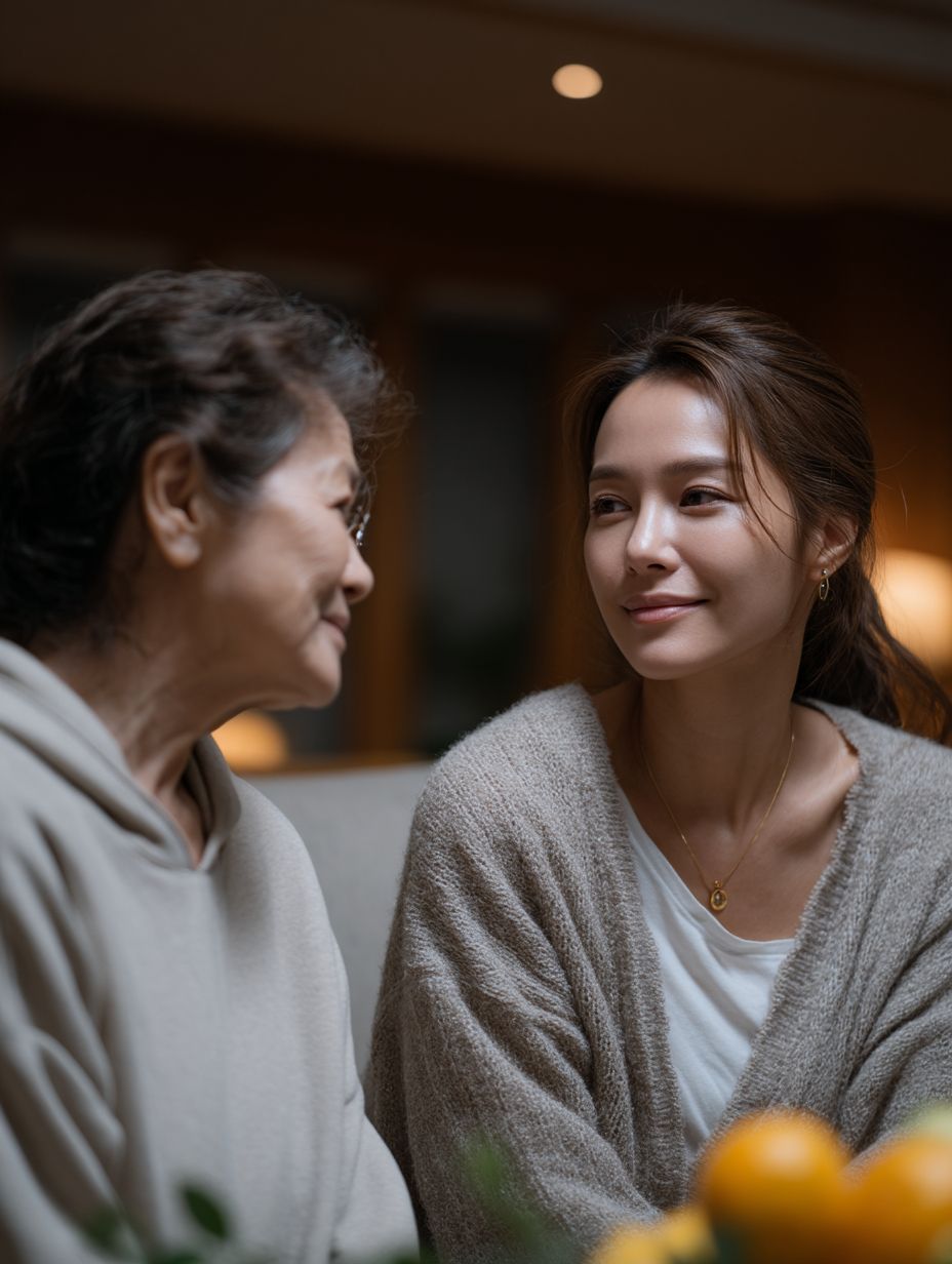 年轻女子和她的母亲在温馨的客厅中对坐微笑