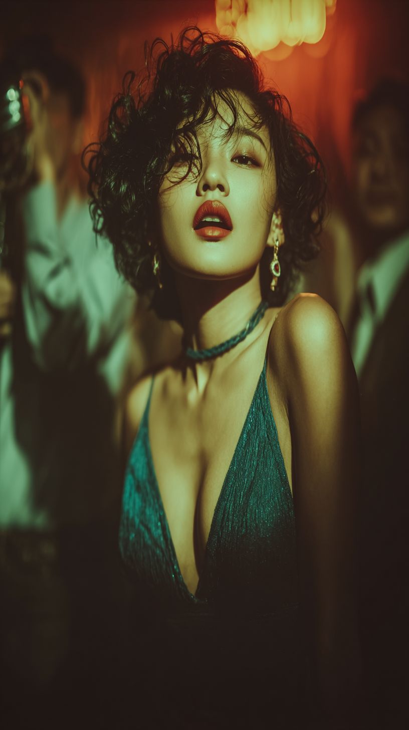 Uma bela mulher chinesa com cabelo cacheado na moda dos anos 30 de Xangai, cantando em uma banda de jazz
