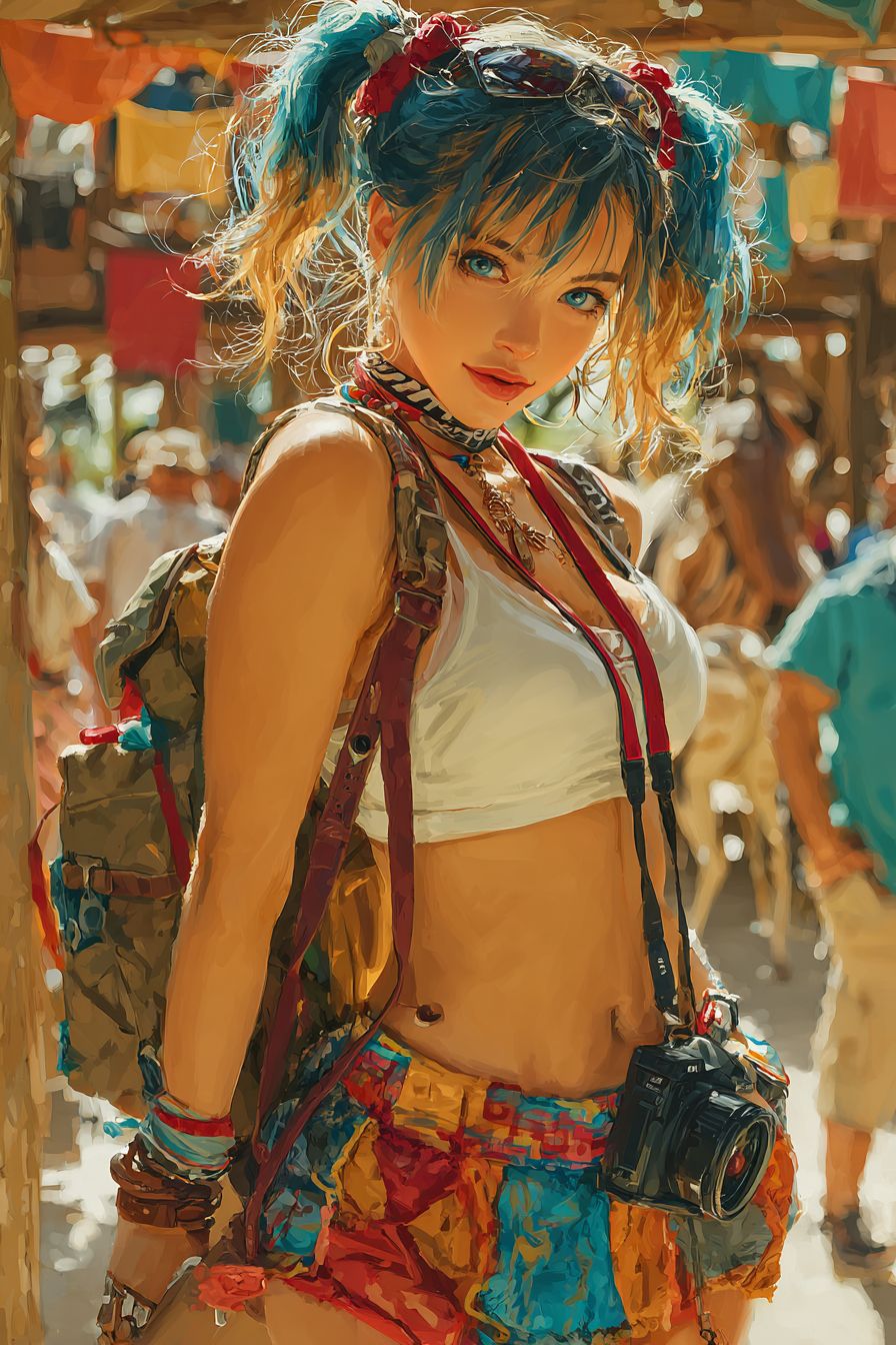 A playful anime girl with twin tails wearing a colorful skirt and tank top holding a camera in a realistic zoo 