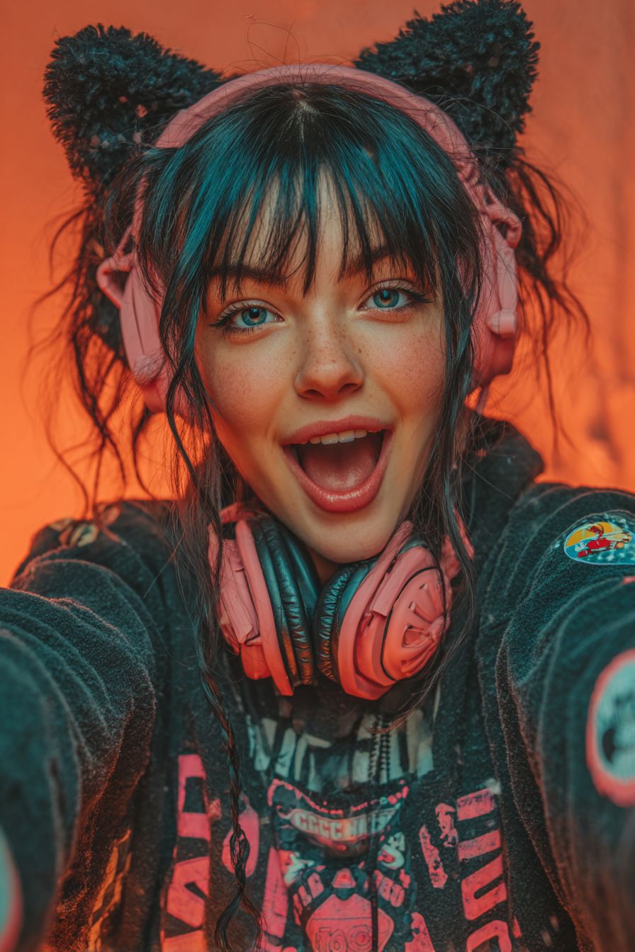 Ein süßes Anime-Katzenmädchen mit dunkelblauen Haaren macht glücklich ein Selfie in einem schwarzen Hoodie