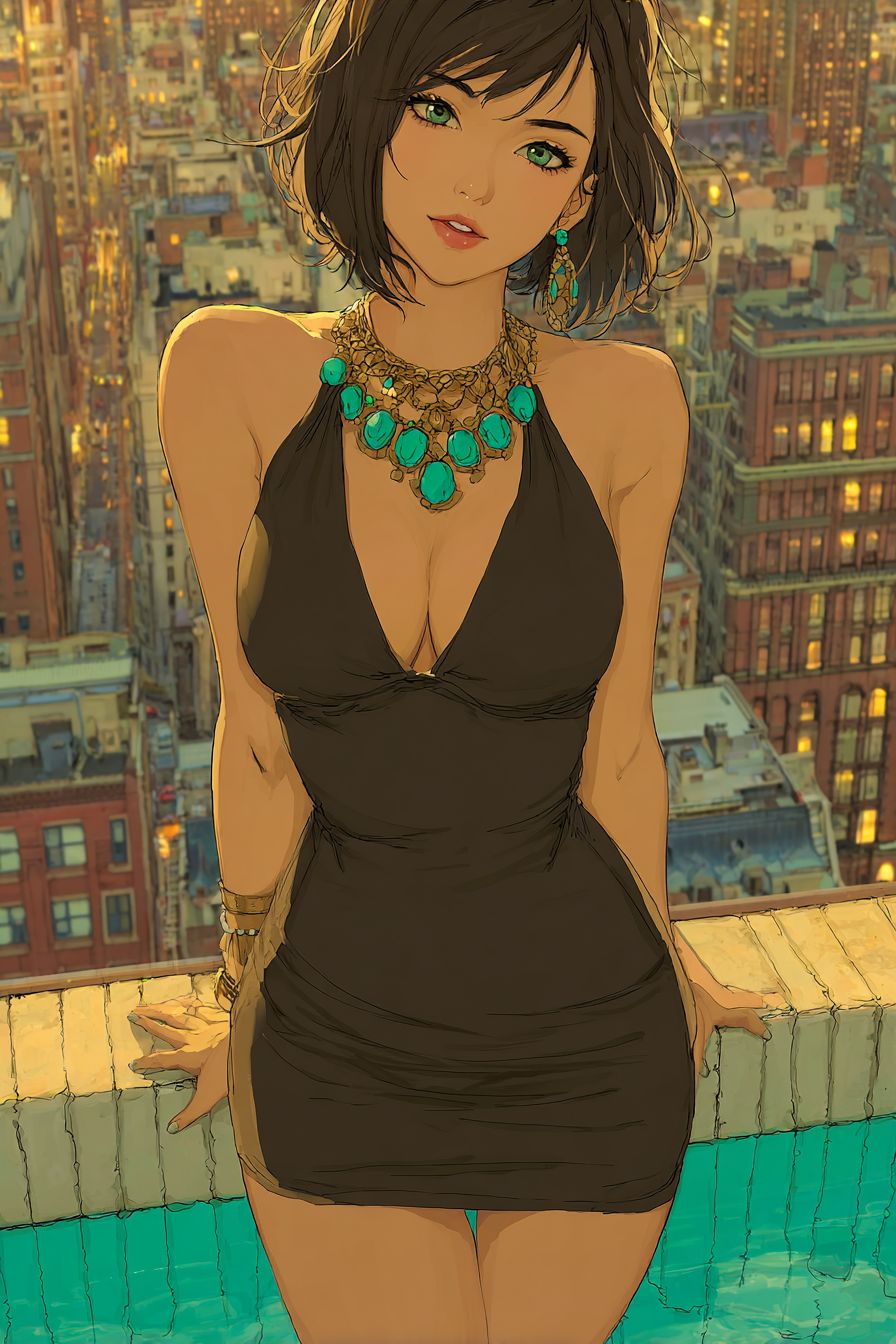 Confident anime female in a halter dress and statement necklace posed at a realistic rooftop pool with city skyline during golden hour lighting