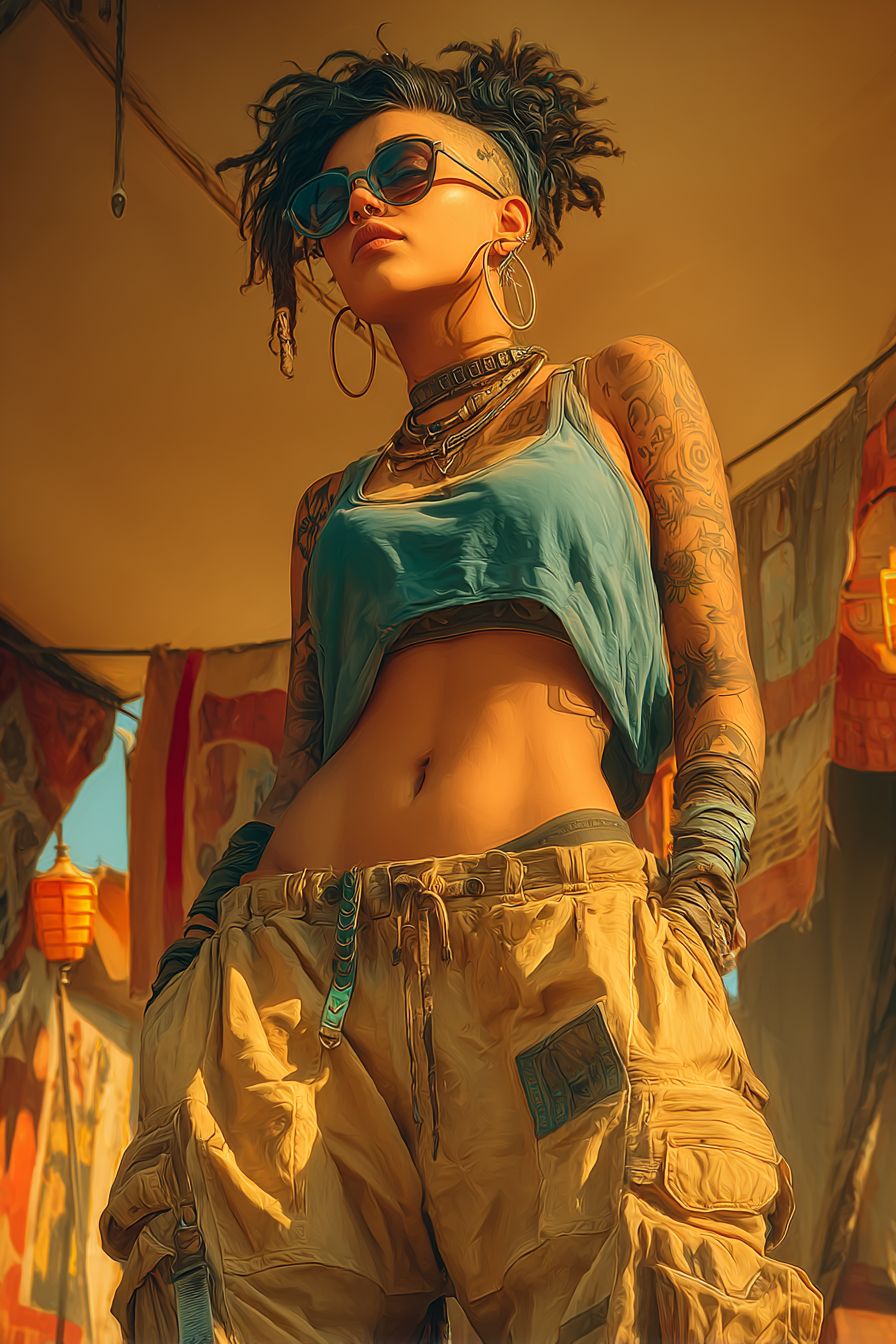 Femme anime cool avec une coupe de cheveux undercut, portant un débardeur ample et un pantalon cargo dans un festival dans le désert