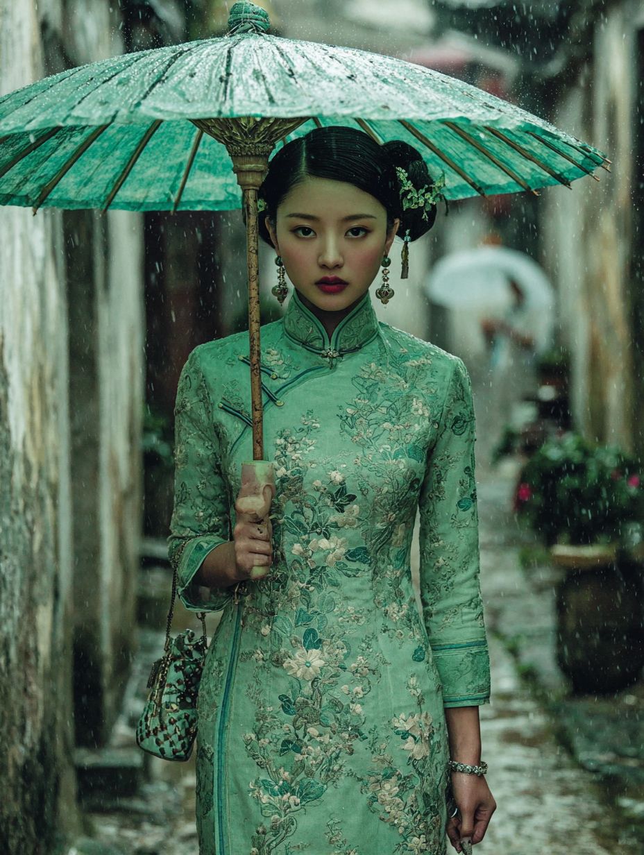 Une dame en qipao vert clair s'approche dans une ruelle pluvieuse de Jiangnan, tenant un parapluie en papier huilé, symbole de son élégance