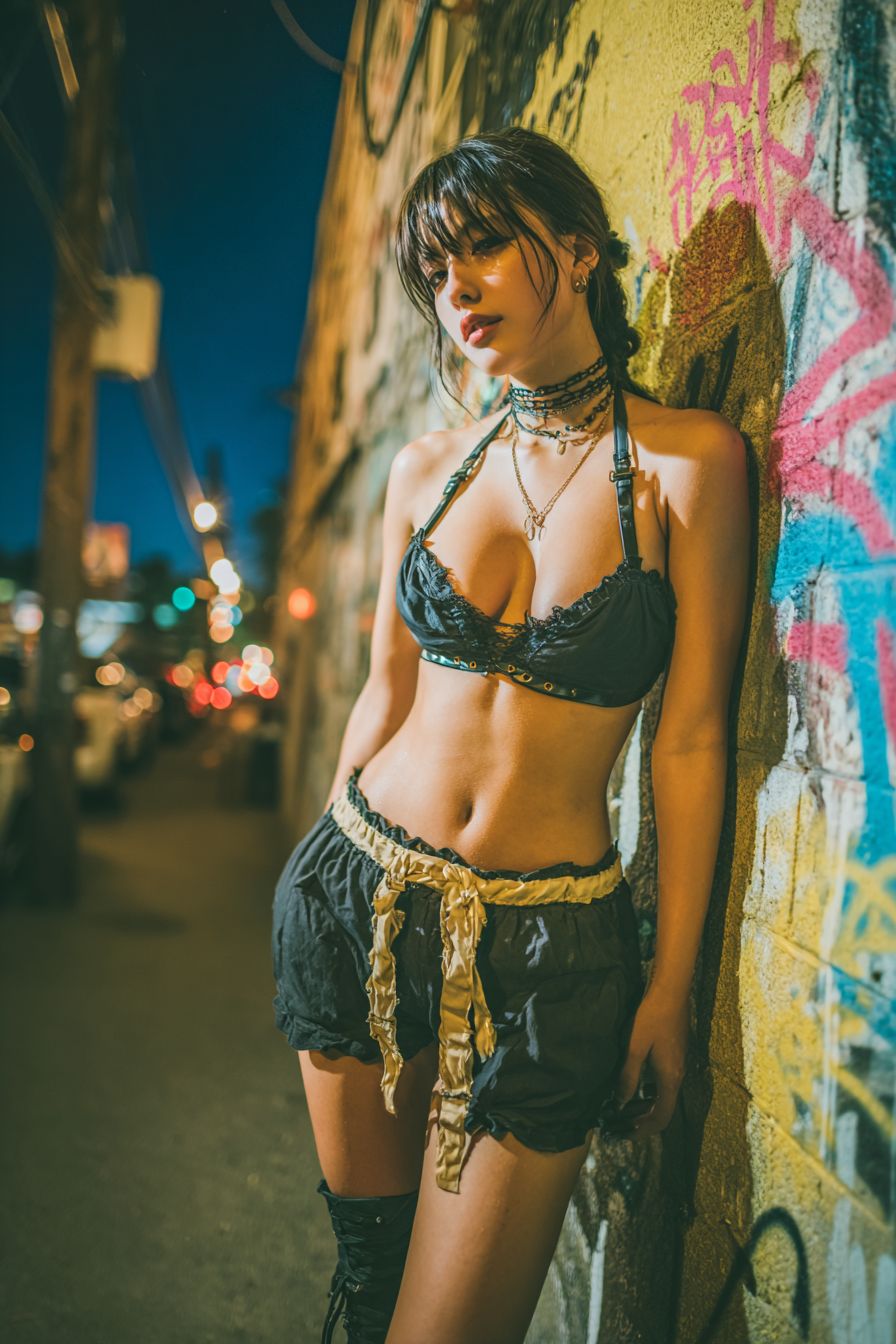 一位长发女性穿着皮革短上衣和高腰短裤，搭配战斗靴，背景为涂鸦街道