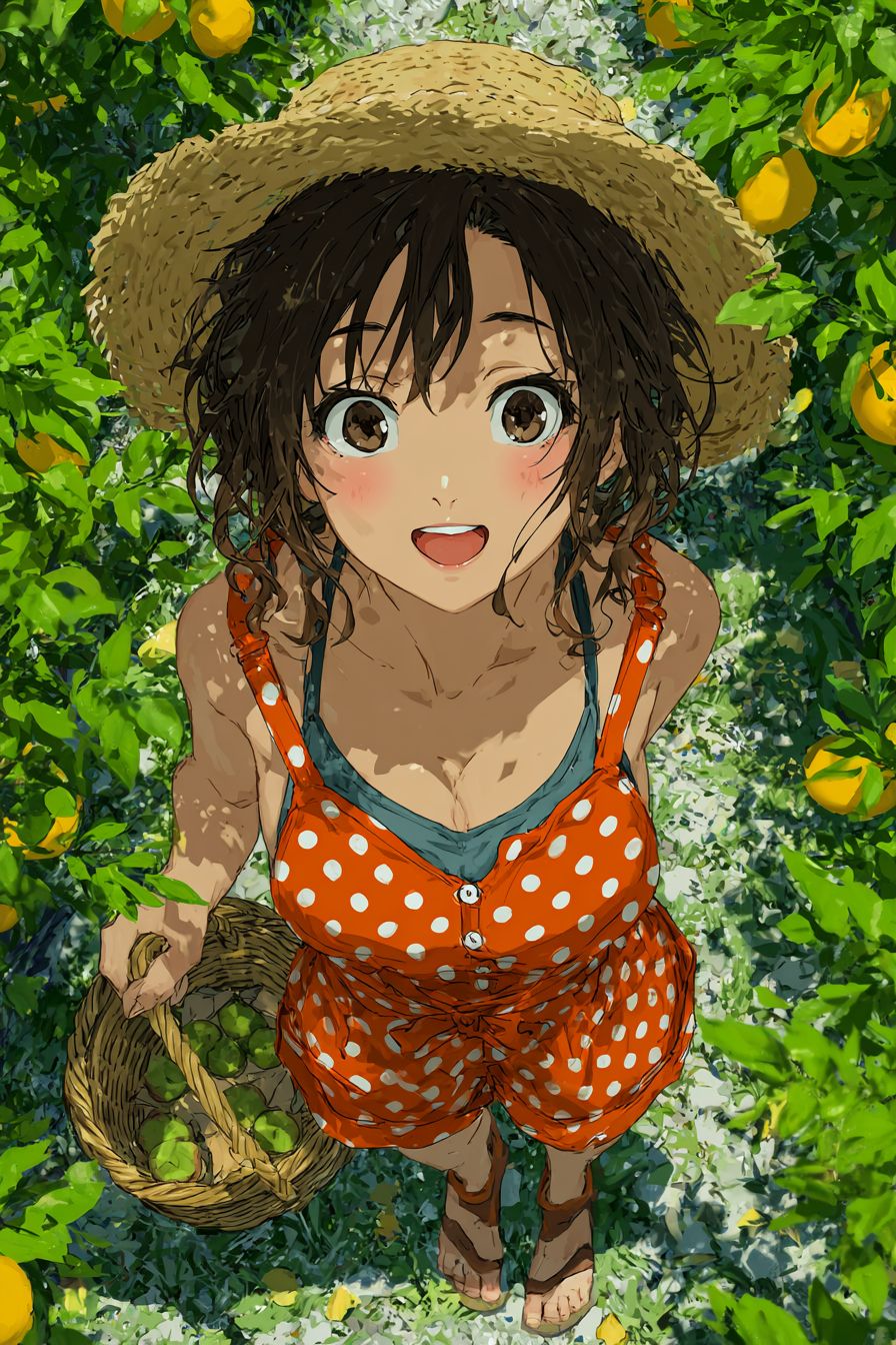 可愛的動漫女孩有劉海，穿著波點連身衣和帽子，手持野餐籃在明亮的果園中