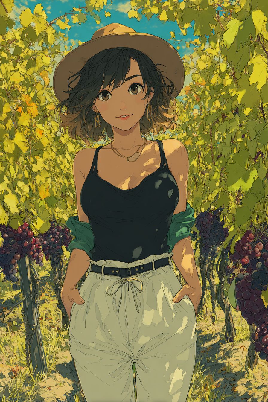 A confident anime female with short wavy hair, wearing a sleeveless top and palazzo pants, accessorized with a wide-brimmed hat in a sunny vineyard