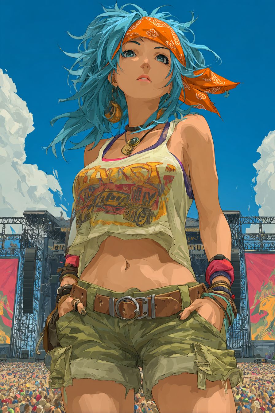 Uma ousada personagem feminina de anime com cabelo em padrão de espinhos, usando uma camiseta gráfica e shorts cargo, com uma bandana, em um vibrante e colorido festival de música com palcos e multidões