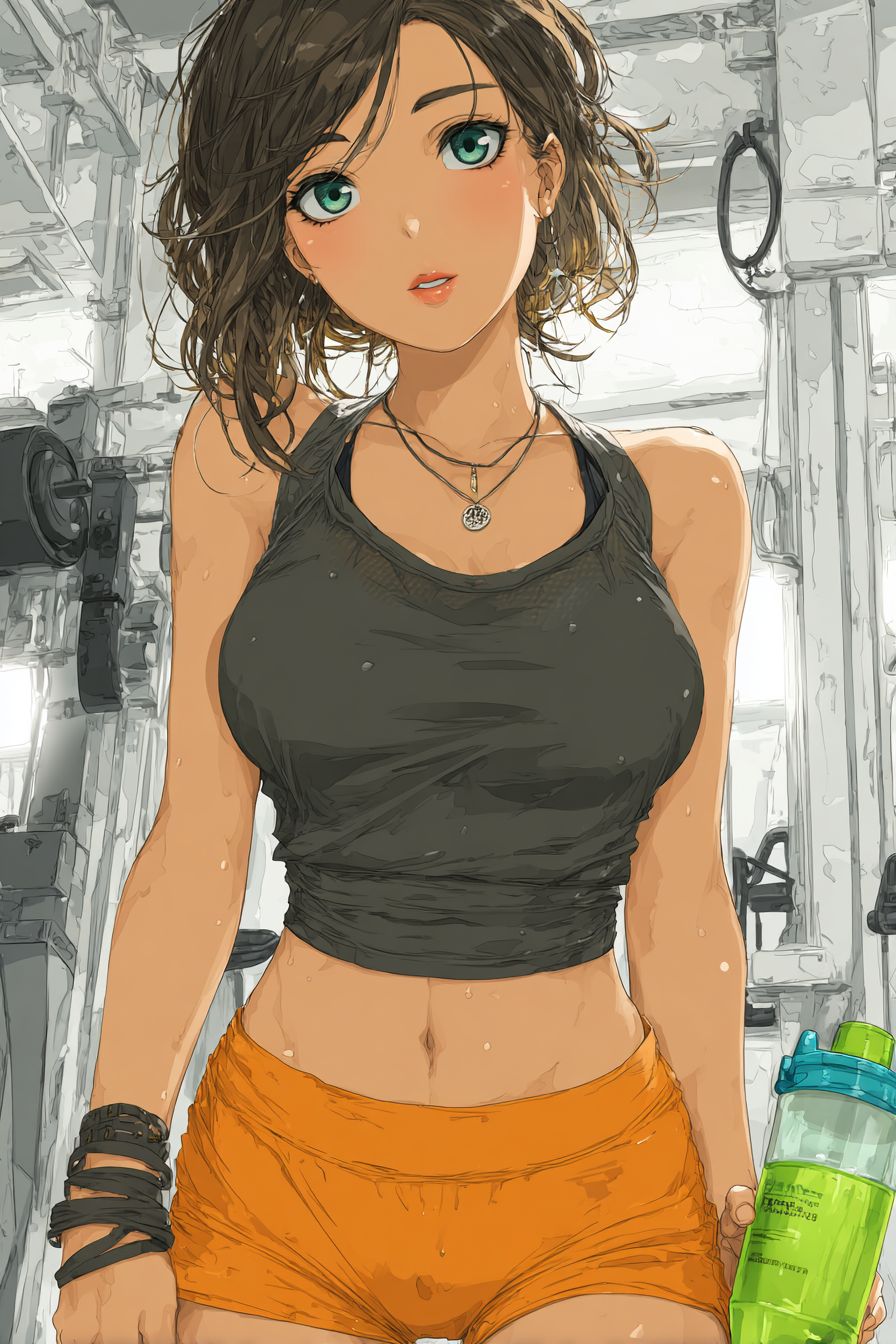 Ein energetisches Anime-Mädchen mit kurzen Haaren, das ein sportliches Crop-Top und Shorts trägt, hält eine Wasserflasche in einem modernen Fitnessstudio
