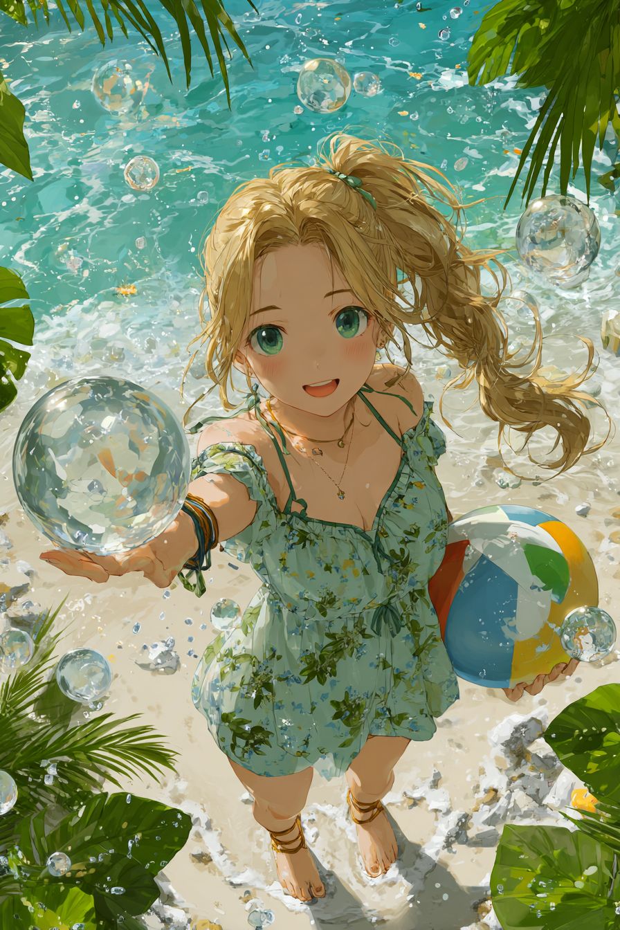 A cheerful anime girl in a colorful sundress holding a beach ball on a tropical beach