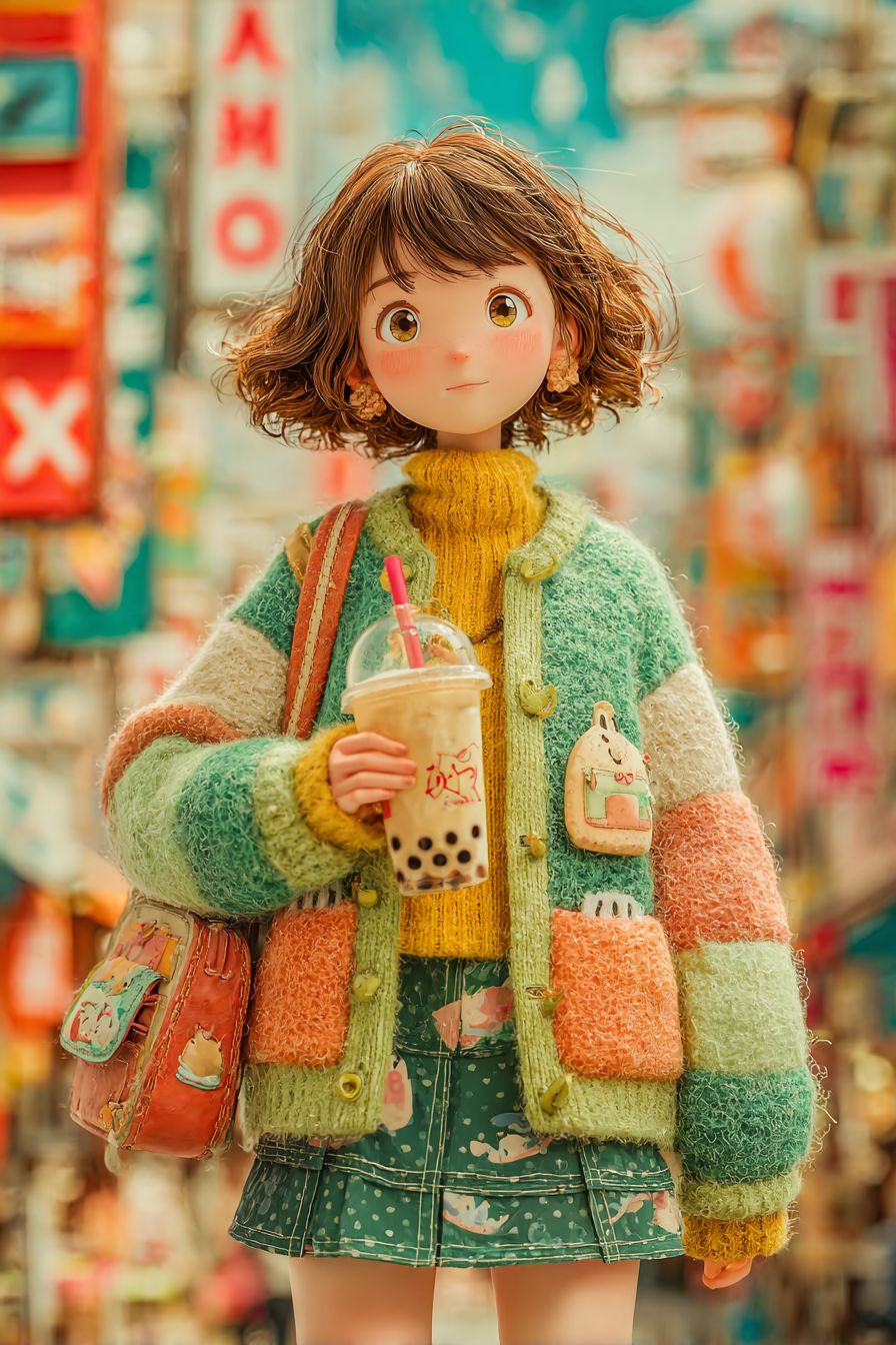 可愛的動漫女孩留着劉海，穿著柔和色調的開衫和裙子，手裡拿著珍珠奶茶，站在時尚的購物區內
