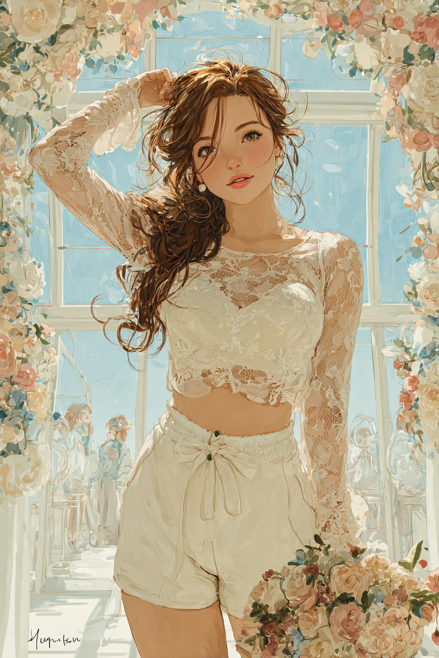 一位可爱的动漫女孩穿着蕾丝短上衣和裙子，手捧花束，身处浪漫明亮的婚礼场地