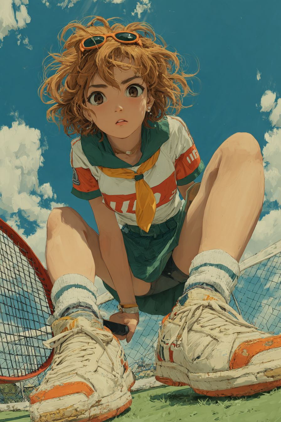 エネルギッシュなショートカールのアニメの女性がスポーティなドレスとスニーカーを着て、テニスラケットを持ってリアルなテニスコートに立っている