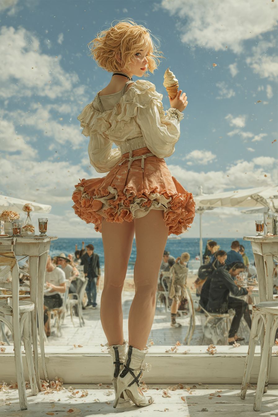 Cute anime girl with short hair in a ruffled blouse and pleated skirt holding an ice cream cone at a beachside café