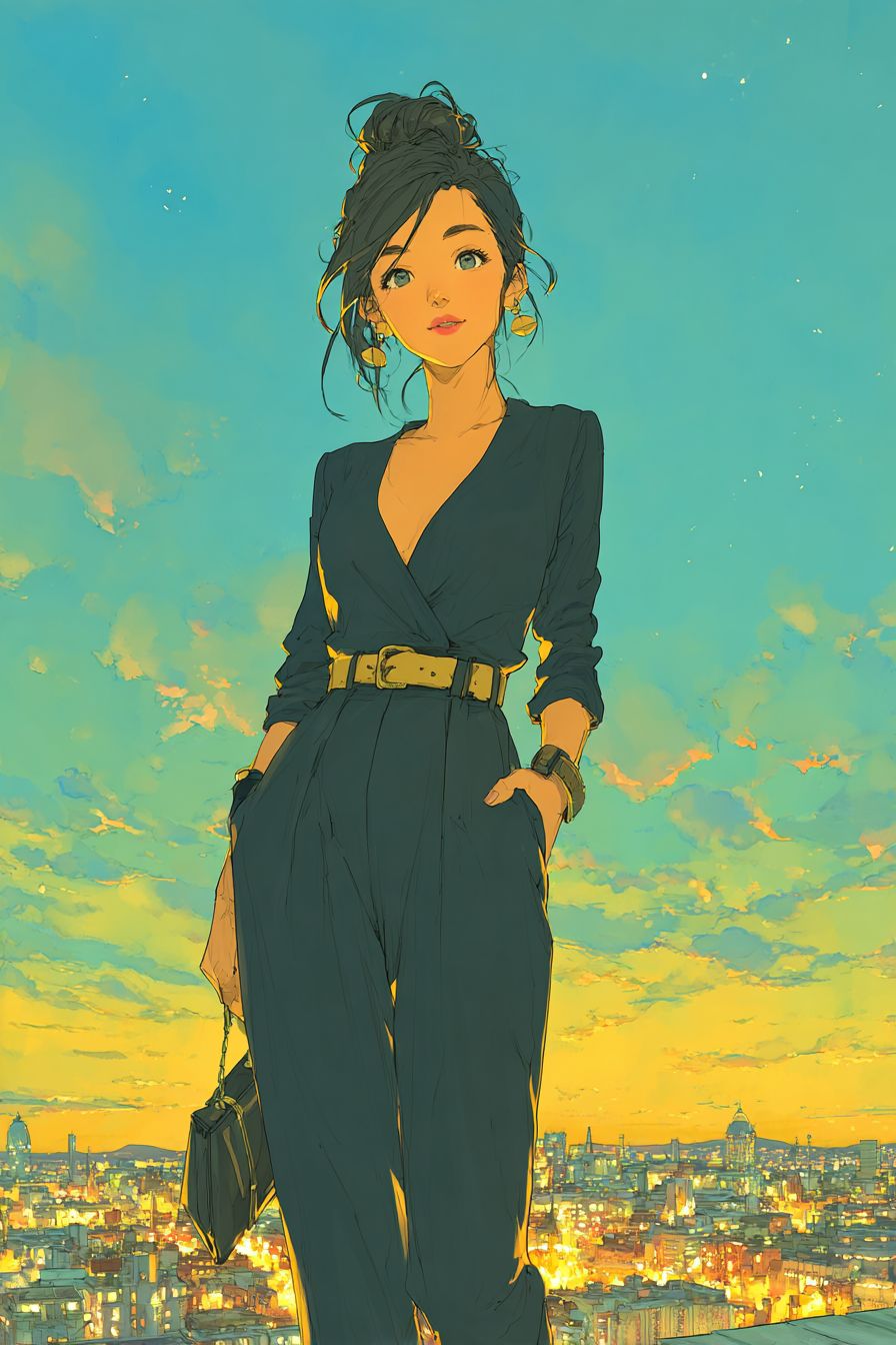 優雅的動漫女性穿著剪裁合身的連身褲，手拿包站在黃昏的城市 rooftop 酒吧
