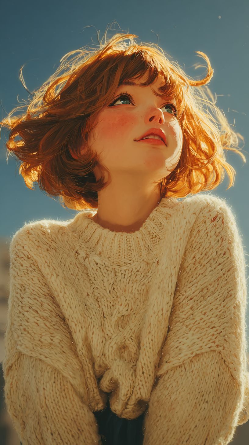 A cute anime girl wearing a loose beige knitted sweater