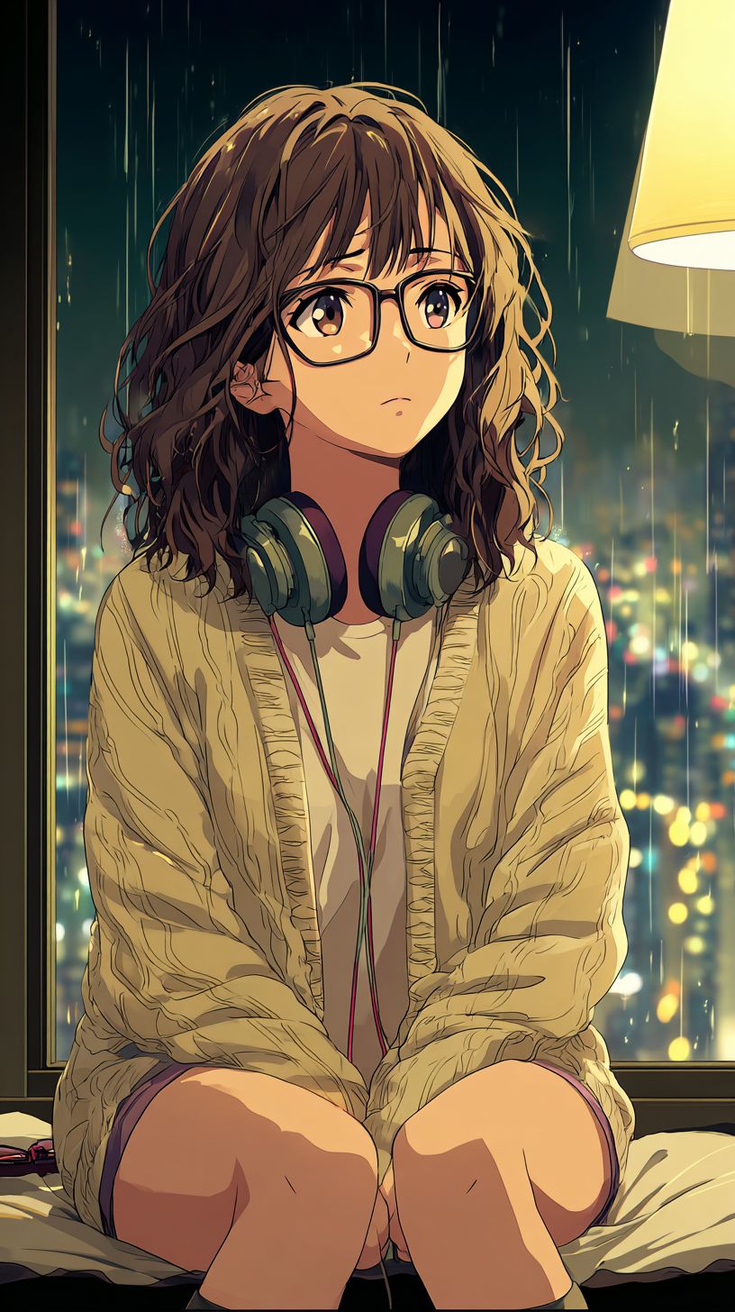 眼鏡をかけたアニメの女の子、肩の下までの茶色の波状の髪を持ち、寝室の窓辺に座り、音楽を聴きながら雨の街を見つめている