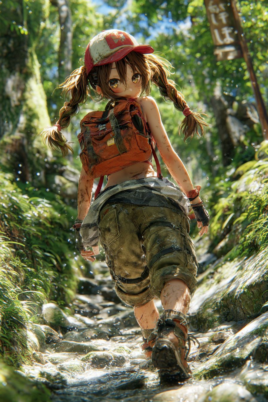 ツインテールのアニメの女の子がタンクトップとカーゴショーツを着て、バックパックと野球帽をかぶり、木漏れ日の中でリアルな森の小道を歩いています