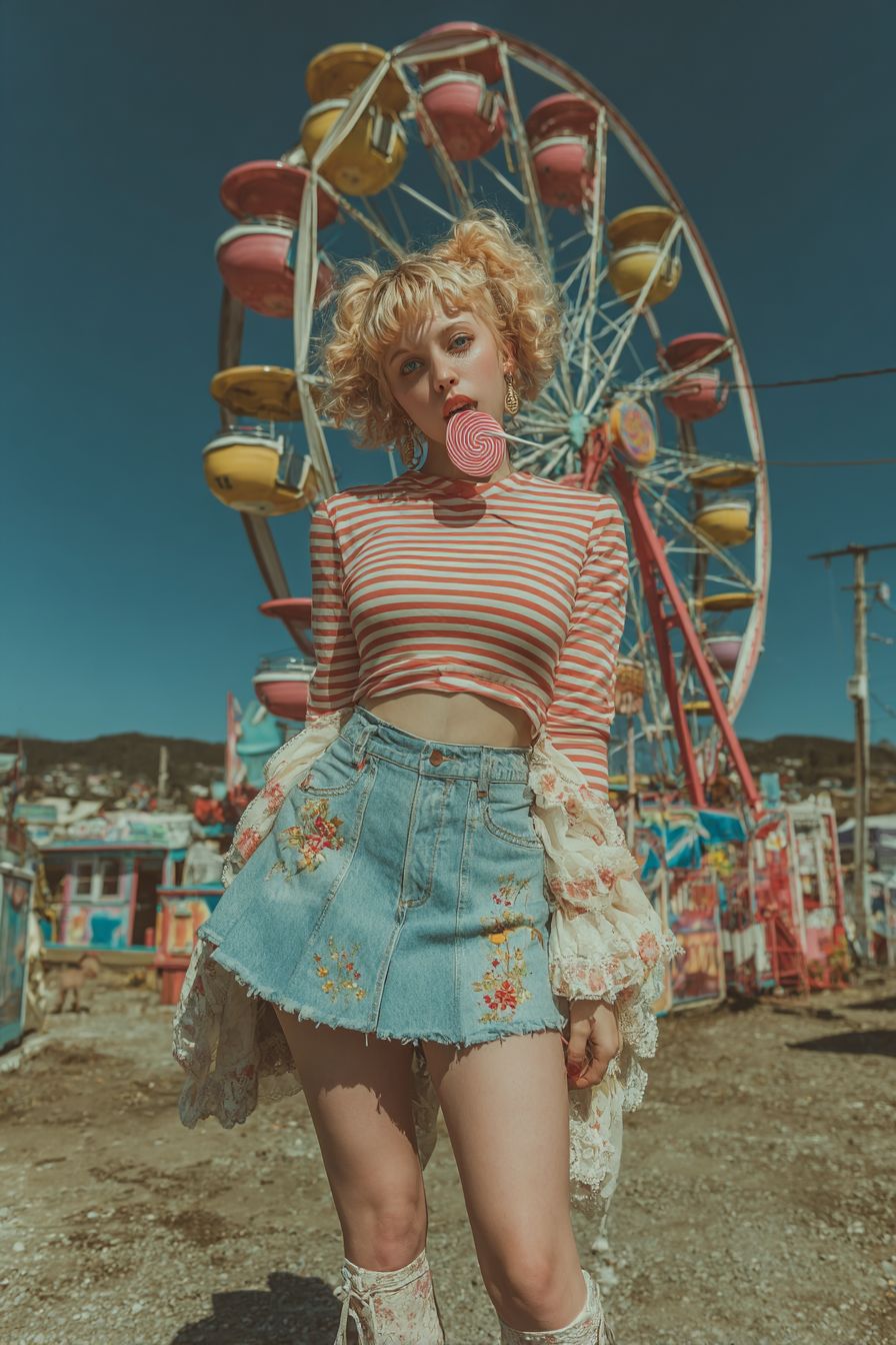 Une fille d'anime espiègle avec une queue de cheval bouclée, portant un t-shirt rayé et une jupe en jean, tenant une sucette dans un carnaval coloré