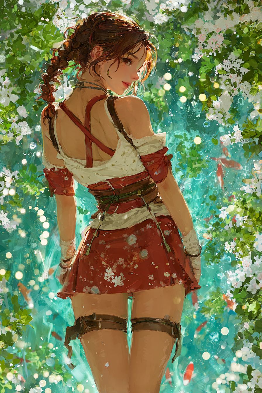 优雅的动漫女孩穿着无袖和服式礼服，站在真实的日本庭园中