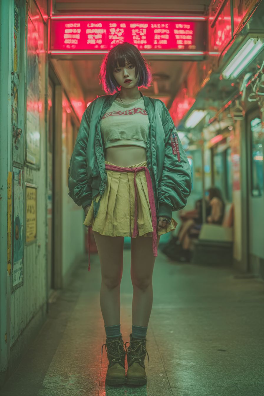 一位酷炫的动漫女性，穿着短款夹克和裙子，搭配 ankle boots，置身于充满霓虹灯的现实地铁站