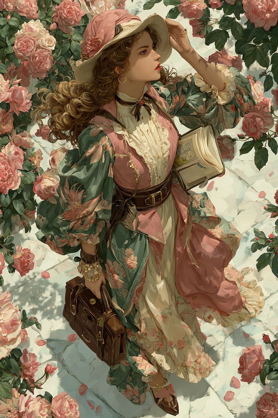 Uma garota de anime elegante com cachos longos, vestindo um vestido maxi floral e chapéu, segurando um livro em um jardim de rosas realista