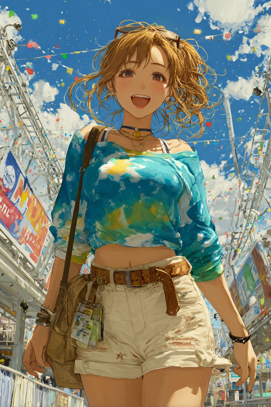 Una chica de anime juguetona con coleta lateral, en una camiseta teñida y pantalones cortos, posando en un parque de diversiones vibrante