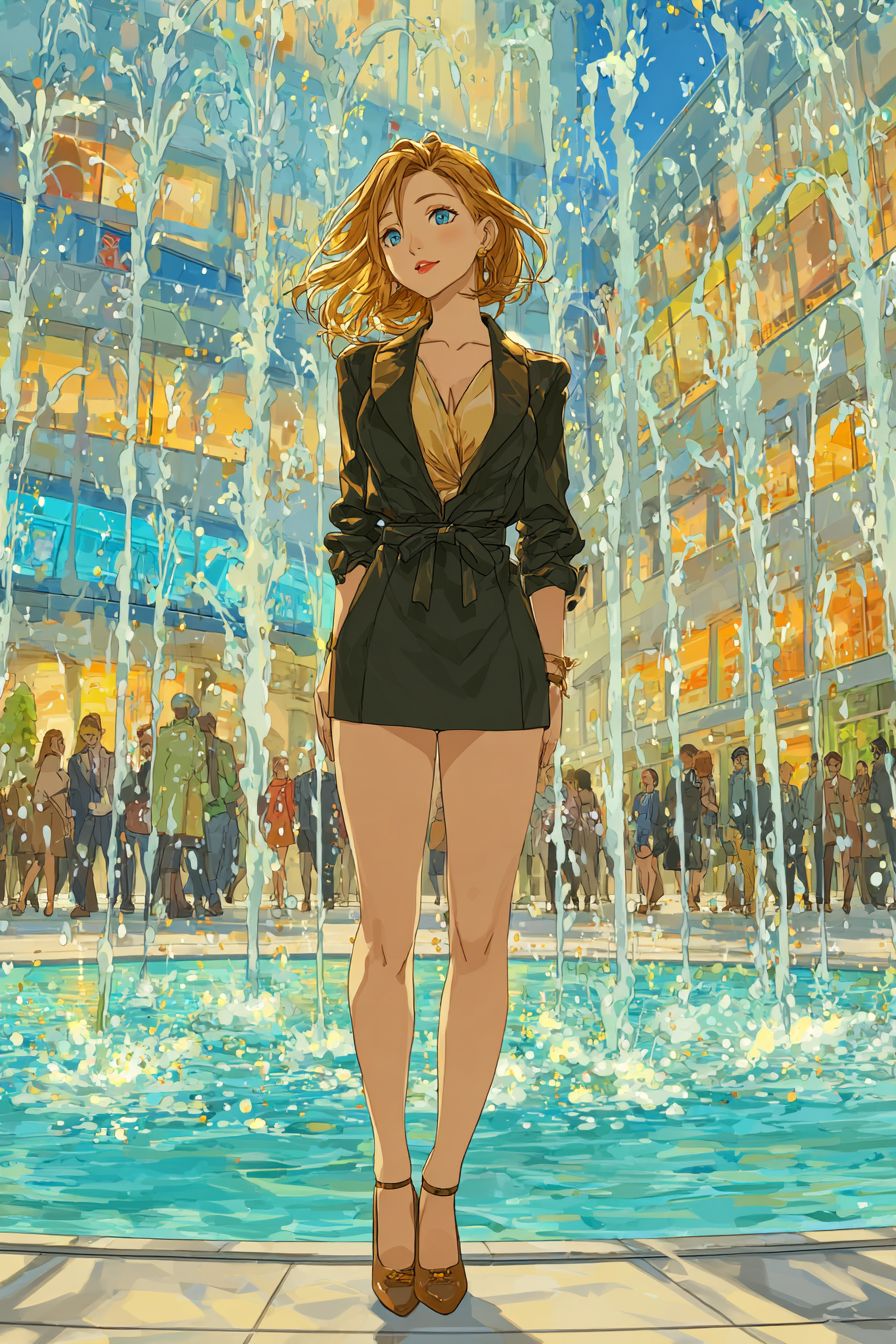 Confident anime female with long straight hair in a tailored dress and heels standing in a modern corporate plaza
