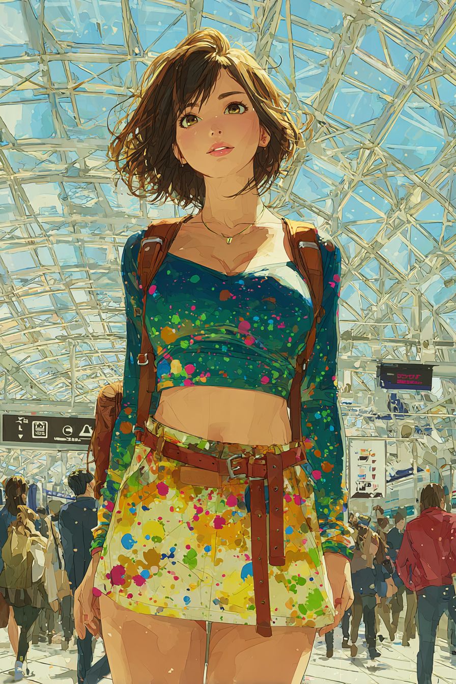 A bubbly anime girl with a short bob in a colorful crop top and skirt at a bustling train station