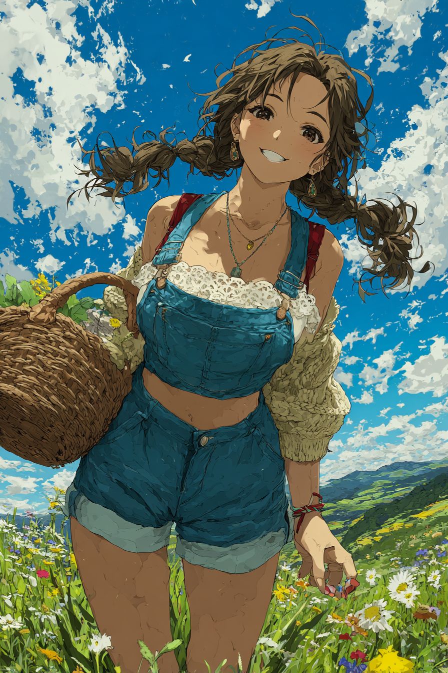 Una alegre chica de anime con un top corto con volantes y overoles de mezclilla sostiene una canasta de picnic en un prado soleado
