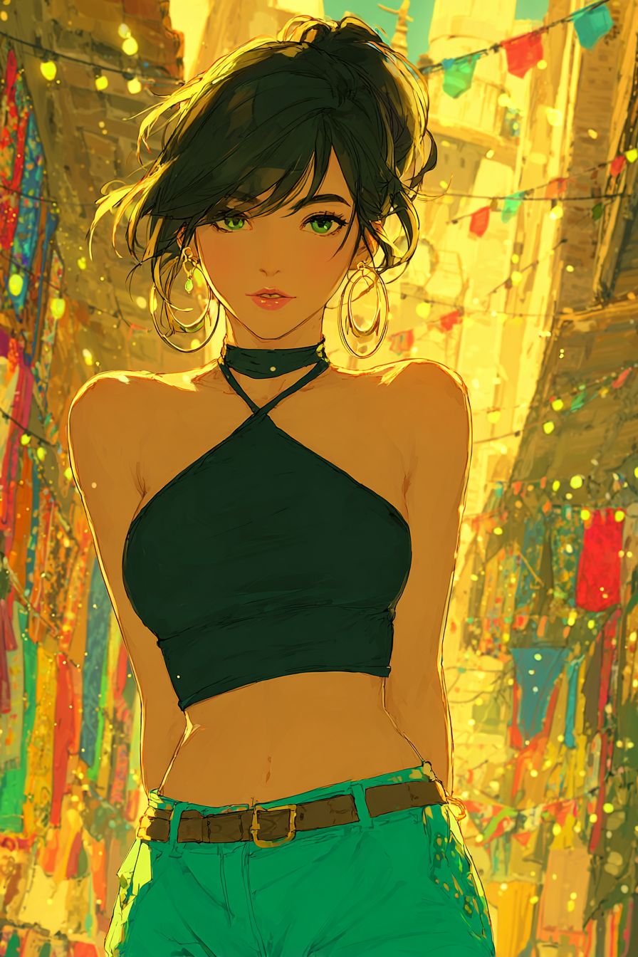 Chica de anime elegante con una coleta lisa en un top halter y culottes de tiro alto en una calle de mercado bulliciosa