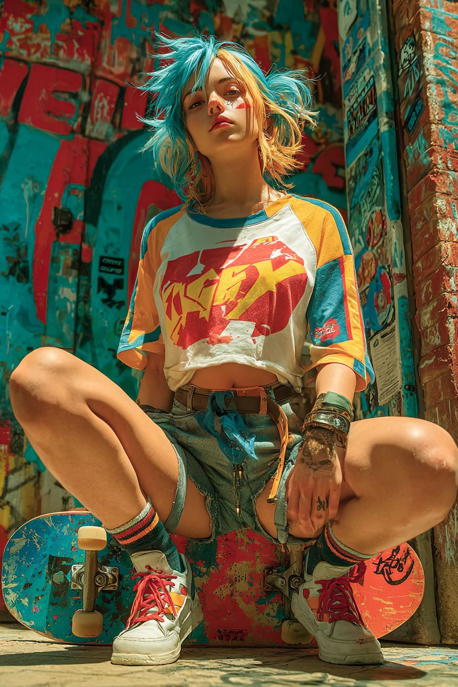 穿着圖案T恤和短褲的酷炫動漫女性，扎著尖刺頭髮，踩著滑板，背景是充滿街頭藝術的城市廣場