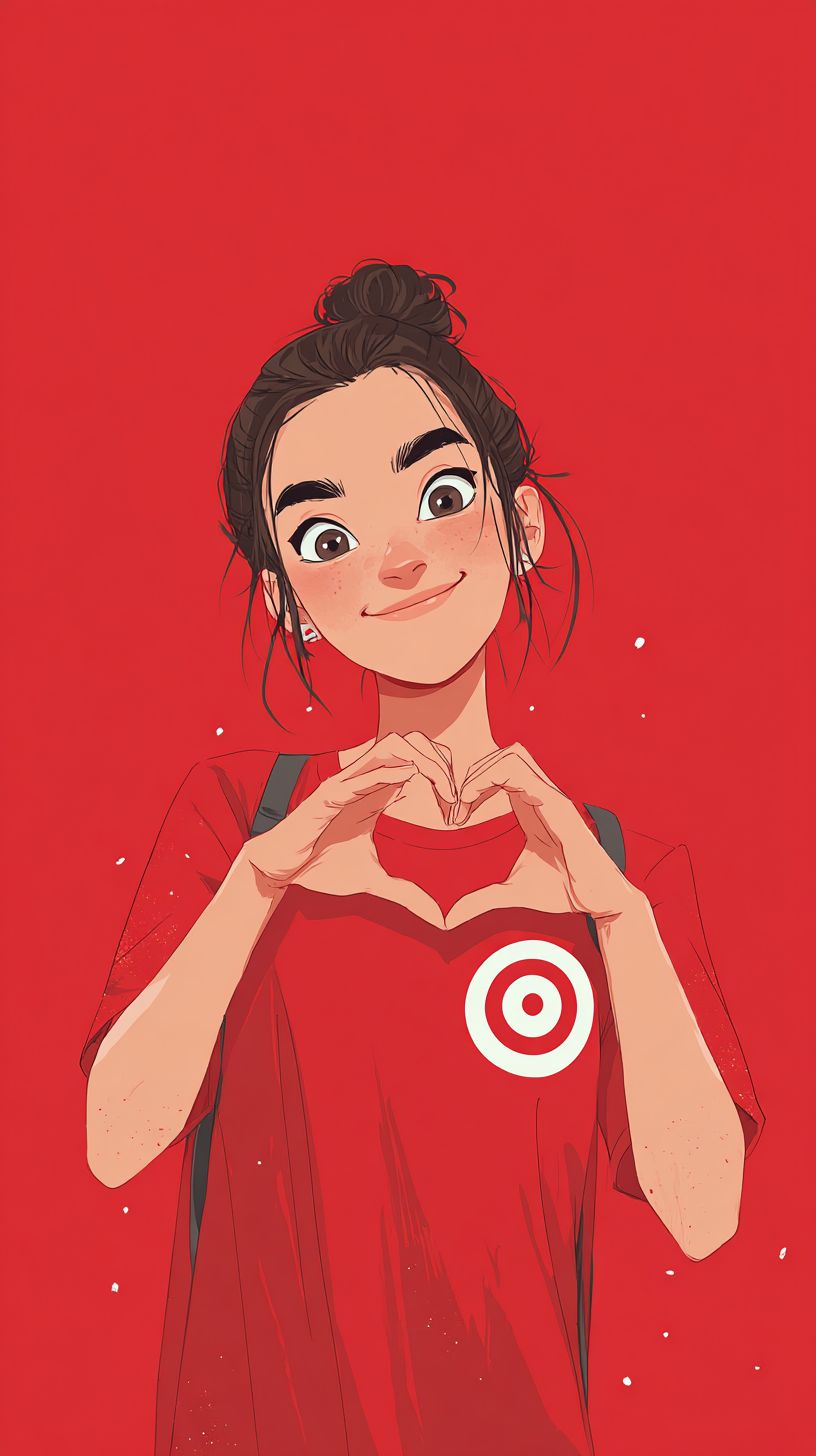 An Eurasian girl with a ponytail in a red t-shirt with a Target badge making a heart with her hands on a red background