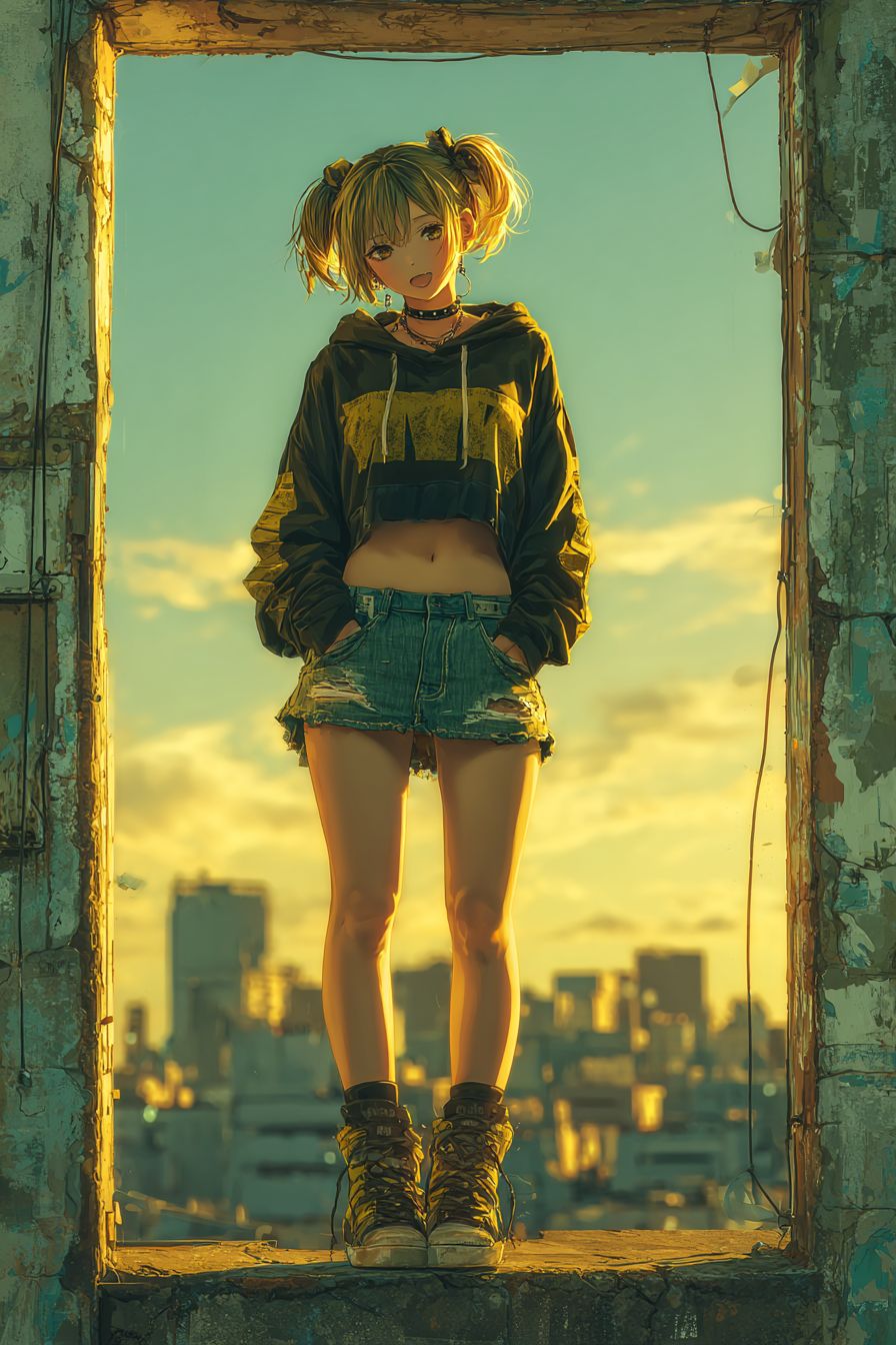 自信的雙馬尾動漫女孩穿著短款衛衣和牛仔裙，背景是日落的城市天際線