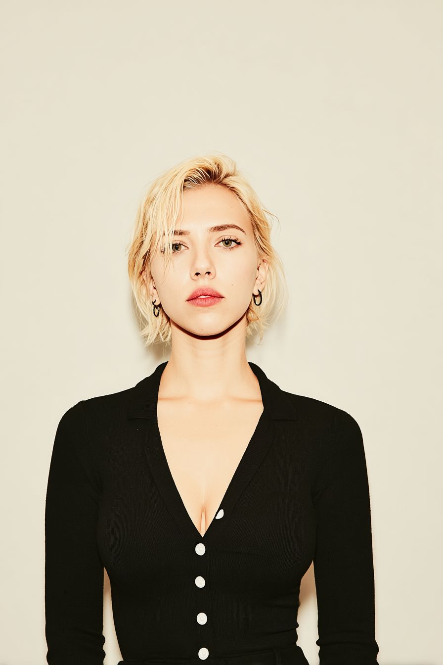 Scarlett Johansson con un elegante atuendo negro