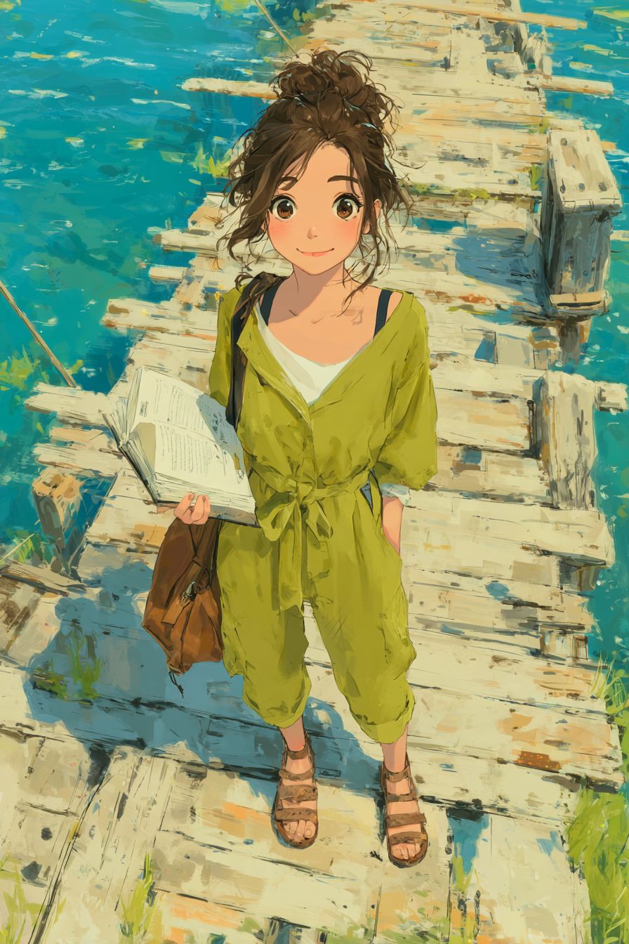 一位溫柔的動漫女性，在湖邊碼頭穿著粉色跳衣和涼鞋，手裡拿著一本書