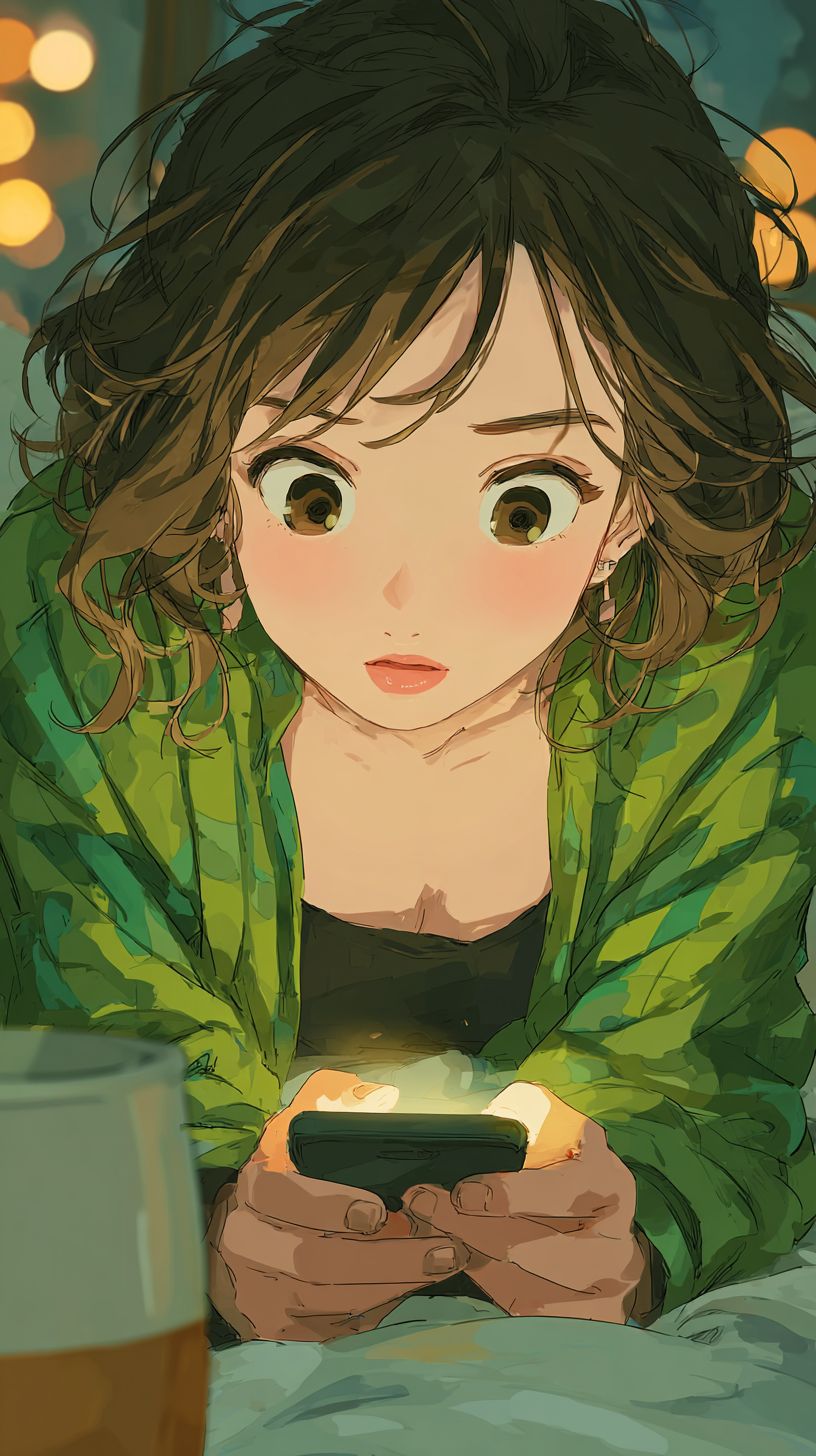 A ilustração mostra uma garota fofa tocando suavemente a tela do seu smartphone