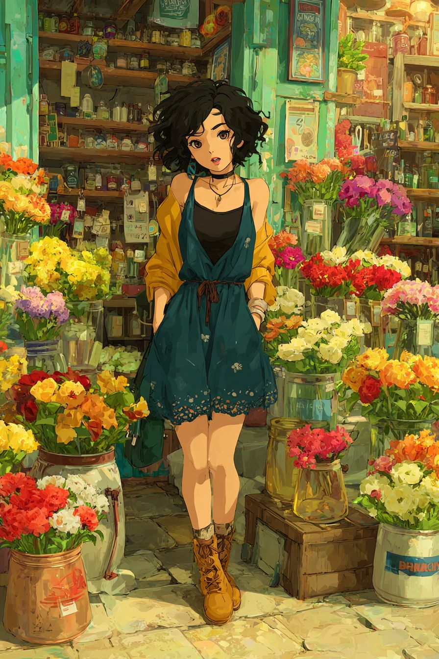 Charming anime girl with curly hair in a sundress and ankle boots in a colorful flower shop