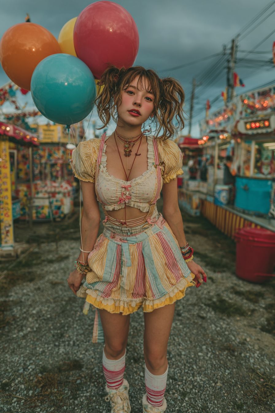 Verspielte Anime-Frau mit Zöpfen, im gestreiften Kleid und Turnschuhen, hält einen Ballon auf einem bunten Jahrmarkt