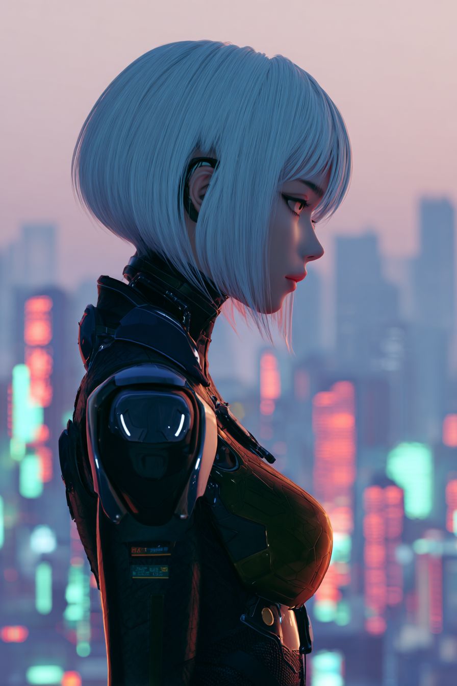 A sleek anime girl inspired by Halle Berry with silver bob and high-tech assassin suit in a futuristic city skyline at dawn