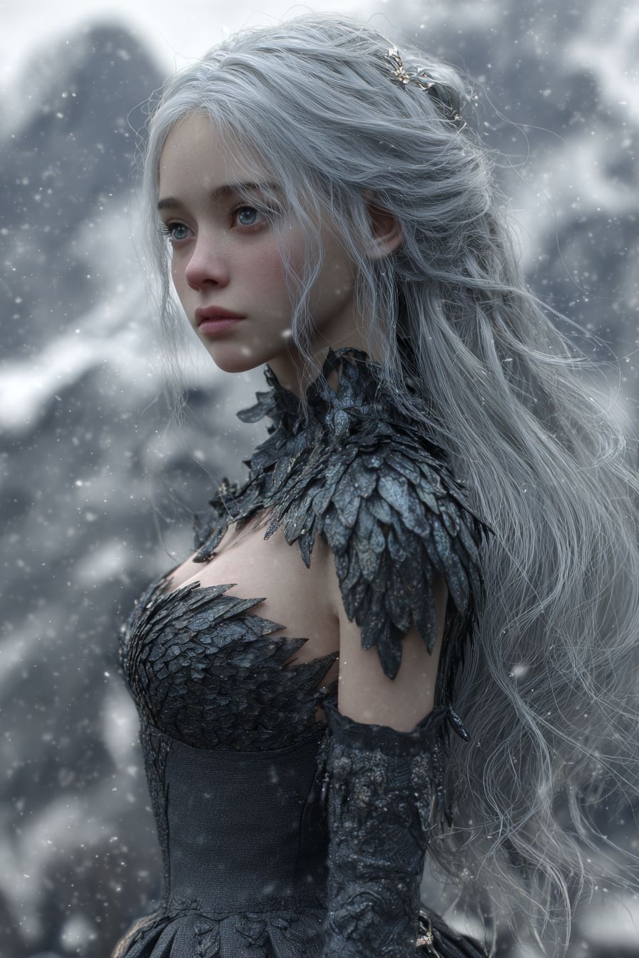 Una majestuosa chica de anime inspirada en Emilia Clarke con cabello plateado y escamas de dragón en un vestido de fantasía medieval frente a montañas nevadas y dragones