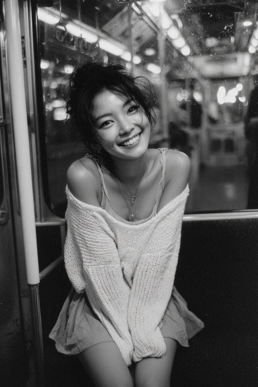 Una hermosa mujer japonesa con un top de punto sin hombros y una mini falda está sentada en el tren sonriendo para las fotos