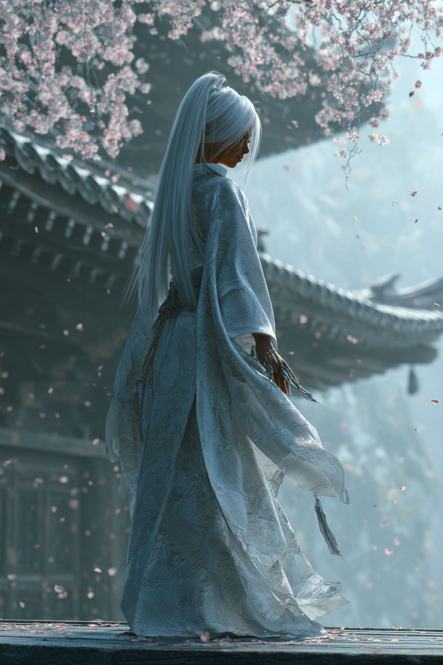 Une fille d'anime tranquille inspirée par Natalie Portman, avec de doux cheveux argentés et un kimono zen flottant dans un temple de montagne brumeux avec des cerisiers en fleurs