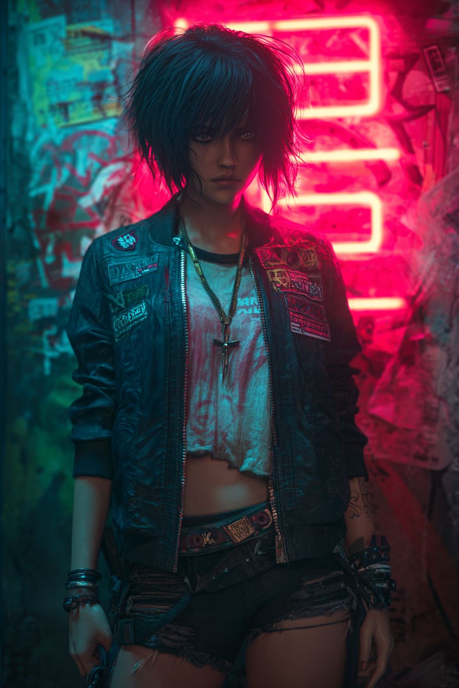 Ein rebellisches Anime-Mädchen inspiriert von Kristen Stewart mit zerschlagenem schwarzen Haar und einer cyberpunk Bikerjacke in einem neonbeleuchteten Underground-Kampfclub