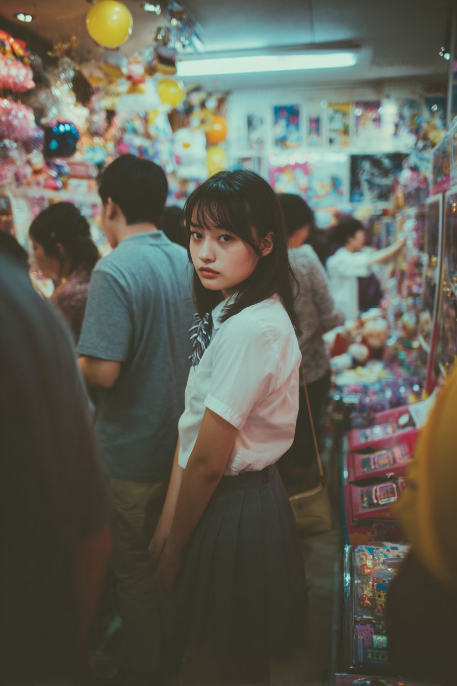 An Asian high school girl in uniform turns to look at the camera in a crowded toy shop