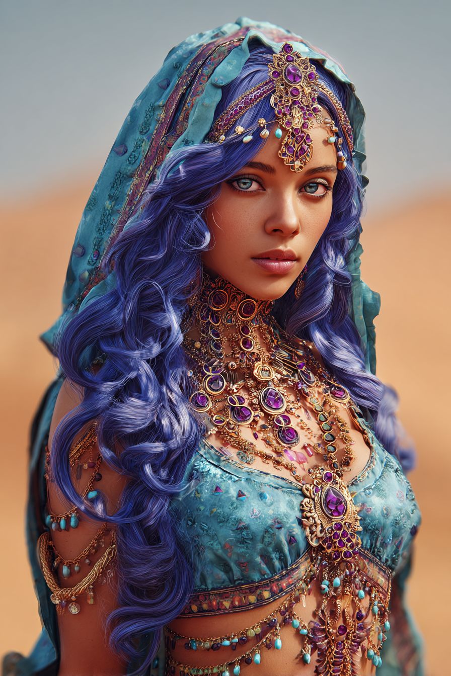 Una chica anime elegante inspirada en Aishwarya Rai con cabello zafiro fluido y joyas de Rajasthan en un palacio del desierto