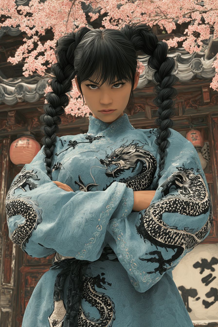 A fierce anime girl inspired by Michelle Yeoh with braided black hair in a kung fu robe with dragon embroidery standing in an ancient dojo with cherry blossoms