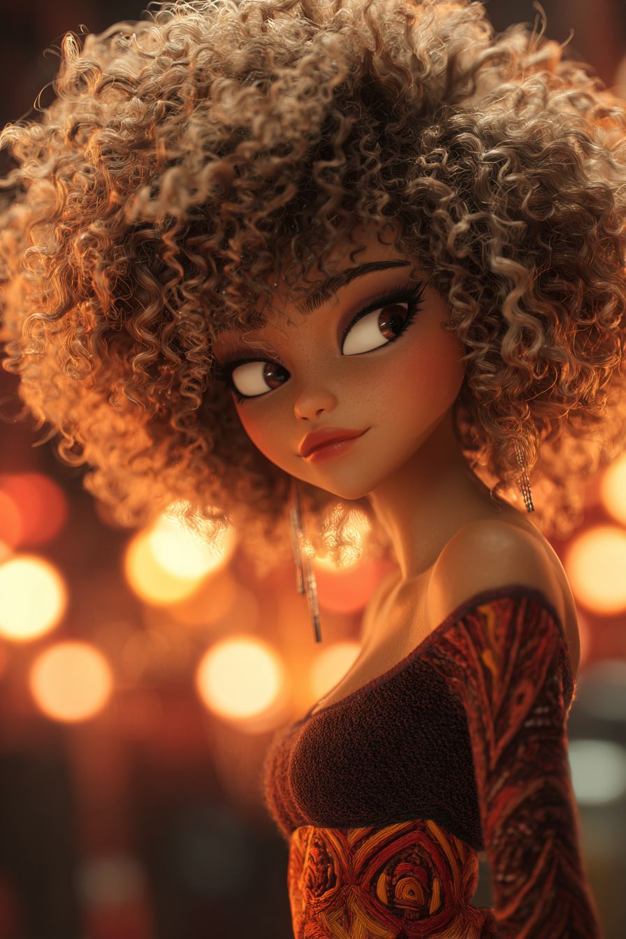 A soulful anime girl inspired by Alicia Keys with curly bronze hair and a boho-chic dress