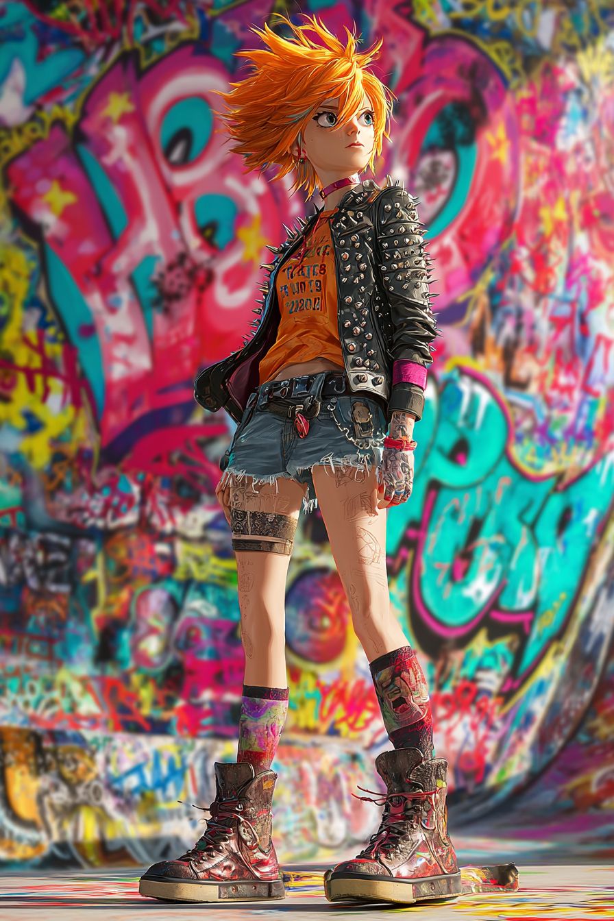 Une fille anime espiègle inspirée par Zendaya, avec des cheveux orange en pointe et une tenue punk rock