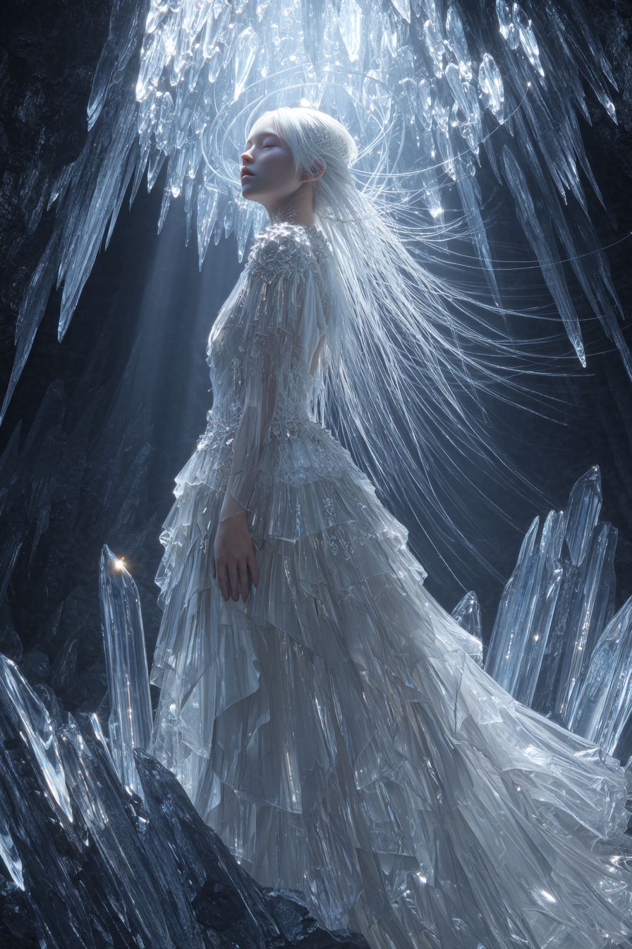 Une fille d'anime mystique inspirée par Tilda Swinton avec des cheveux blancs translucides